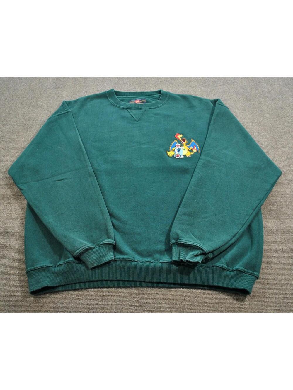 Pokemon Ash Pikachu Charizard 90s Patch Green Crewneck Sweatshirt Size 2X-Large